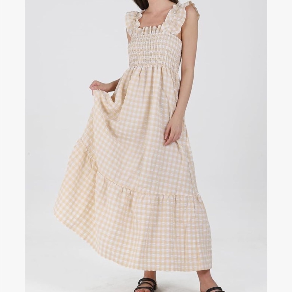 Ruffle Plaid Gingham Long Dress Shirred Stretchy Strap Flowy Retro Dress Beige